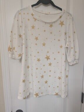 BiBi White Knit  Pajama Top with Gold Metallic Star Accents